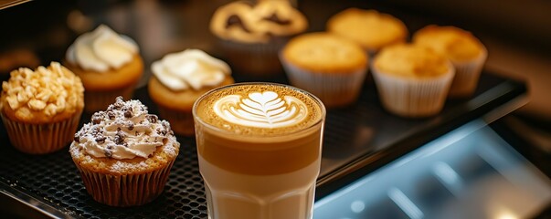 Digital touchscreen coffee menu with swipeable options showing closeups of desserts, muffins, and latte art