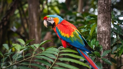 Obraz premium A colorful parrot is perched on a leafy branch. The bird is bright red, blue, and yellow, and it is looking at the camera. The scene is lively and vibrant