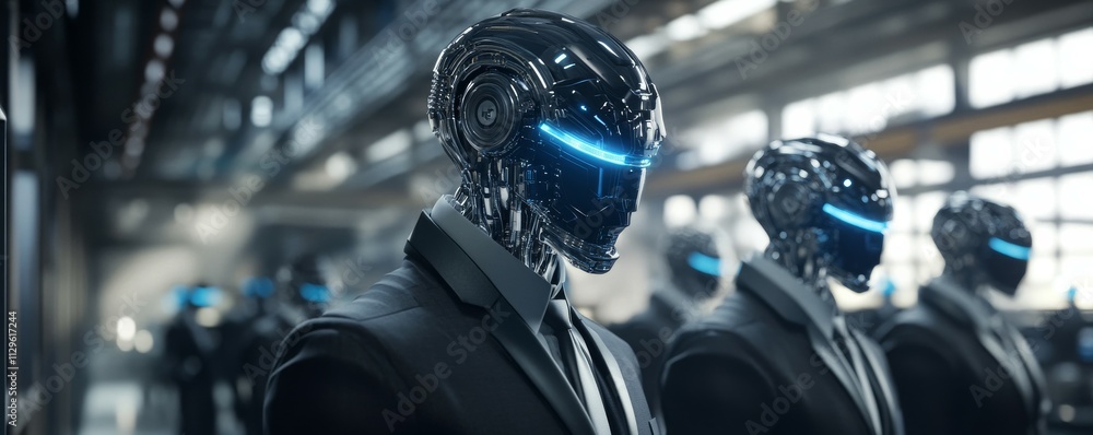 Poster ai adoption in business concept. futuristic robots in suits standing in factory setting, collaborati