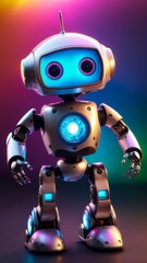 Naklejka premium A robot with a blue light on its chest stands in front of a colorful background. The robot's design is futuristic and metallic, with a bright blue light on its chest