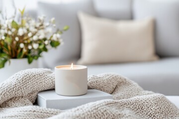 A lit candle rests atop soft textiles, surrounded by greenery, creating a warm and inviting ambiance that reflects comfort, relaxation, and the beauty of home life.