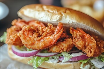 Fried shrimp po boy with toppings Traditional Cajun dish New Orleans staple