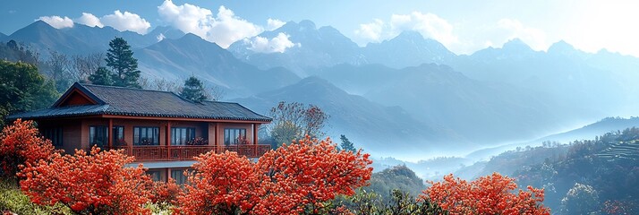 Peaceful rural village in China where homes are adorned with bright red decorations for Chinese New Year with mountains in the background