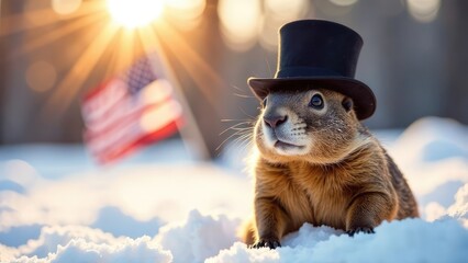 A stylish groundhog in a top hat sits in the snow with a blurred American flag in the background, bathed in the golden light of a setting sun. Concept of a whimsical Groundhog Day celebration