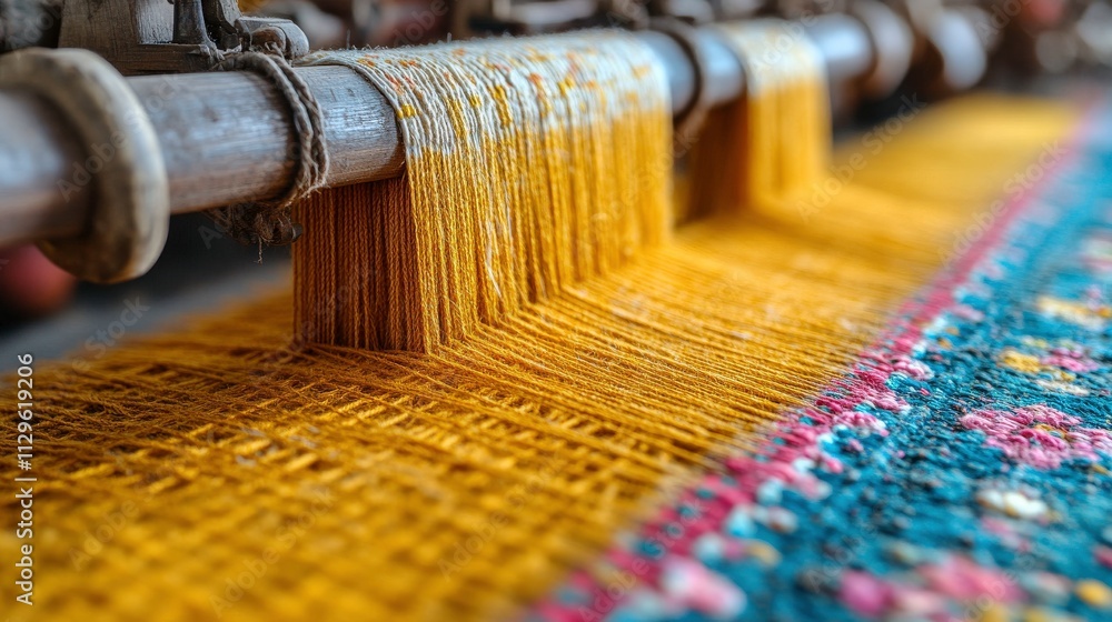 Poster traditional handloom weaving process with bright yellow threads and colorful patterns in a textile w