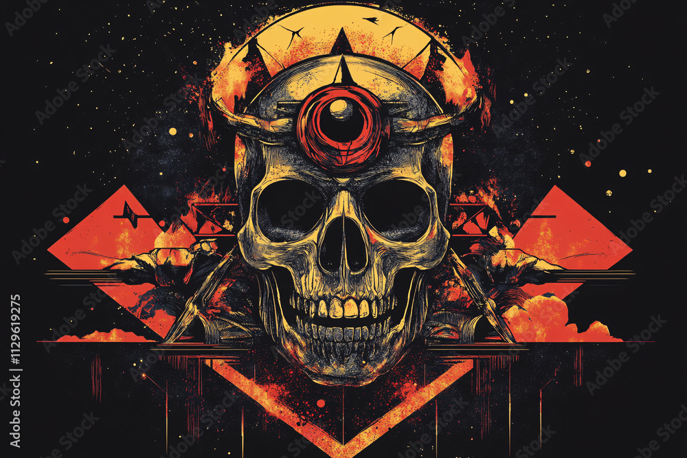 Poster dark and fiery skull artwork with a red crown and dramatic elements in a bold apocalyptic design fea