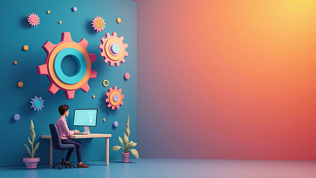 Amazing illustration of a guy designing on computer, with stunning details and beautiful, modern background