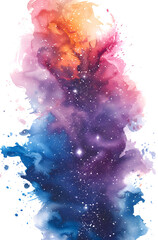 A vibrant watercolor artwork with blues, purples, and oranges creating an abstract design like celestial beauty, featuring stars and cosmic formations on a white background