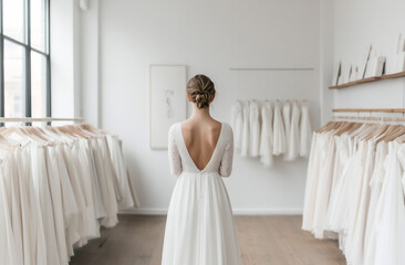 Fototapeta premium A wide shot of a bride standing alone in a spacious boutique, surrounded by dresses on display