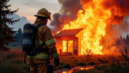 Naklejka premium A firefighter wearing full gear is facing a house engulfed in flames. Concept of emergency response.