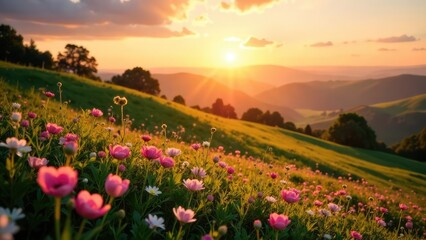 Fototapeta premium A field of pink and white wildflowers is illuminated by a warm sunset over rolling hills. Concept of peaceful nature scene.