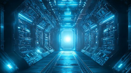 Obraz premium Futuristic corridor with glowing blue lights and a bright portal.