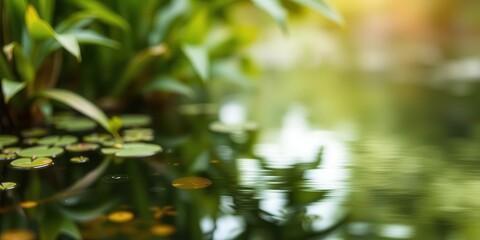 Blurred image of green aquatic plants and reflections on water surface, calming, beauty, water