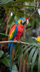 Obraz premium A colorful parrot is perched on a leafy branch. The bird is bright red, blue, and yellow, and it is looking at the camera. The scene is lively and vibrant