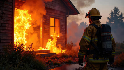 A firefighter in full gear is observing a house with flames pouring out of the windows and doorway.
Concept of fire emergency response.