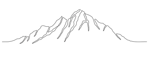 Mountain - continuous line drawing. One line mountain range landscape background. Rocky peaks in simple linear style. Black and white minimalist mountain panoramic view