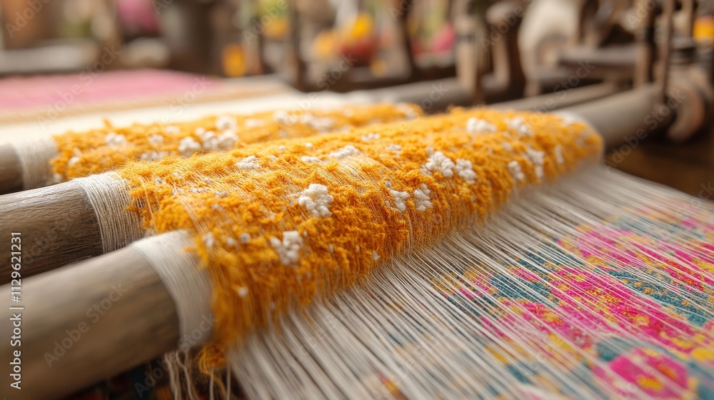 Poster vibrant textile production process featuring handwoven fabrics with intricate patterns and rich colo