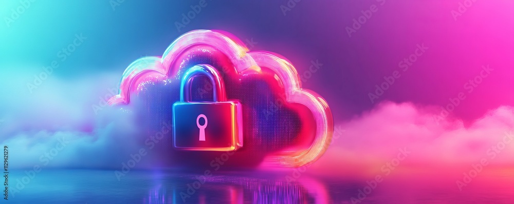 Poster cloud with vibrant padlock icon, symbolizing security in cloud computing