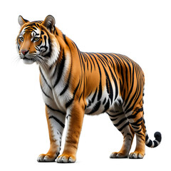Obraz premium Tiger isolated on a white background, Side view, tiger standing full HD image generated by Ai. full body, realistic, full detail looking at the camera,