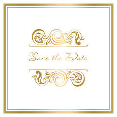 Save the date vintage frame. damask vintage baroque scroll swirl. Victorian monogram heraldic shield swirl.Retro floral leaf pattern border foliage antique  acanthus calligraphy engraved tattoo. 