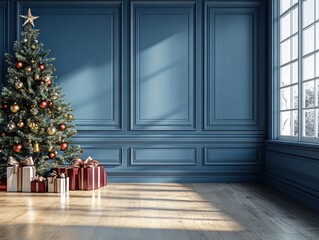 Christmas Tree Scene with Blue Paneling, Wood Floor, and Gifts on Table, Natural Light, Minimalistic Style