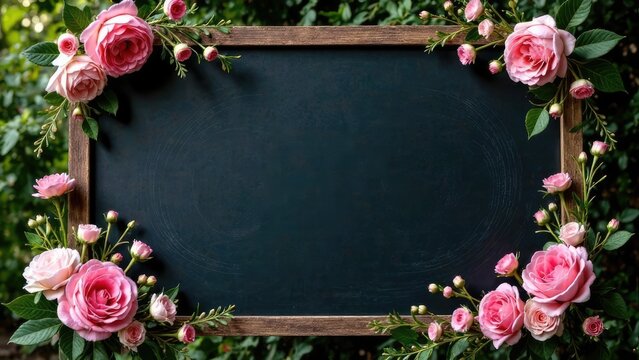 A blank chalkboard with a wooden frame is surrounded by pink roses and green foliage.
Concept of a floral announcement.