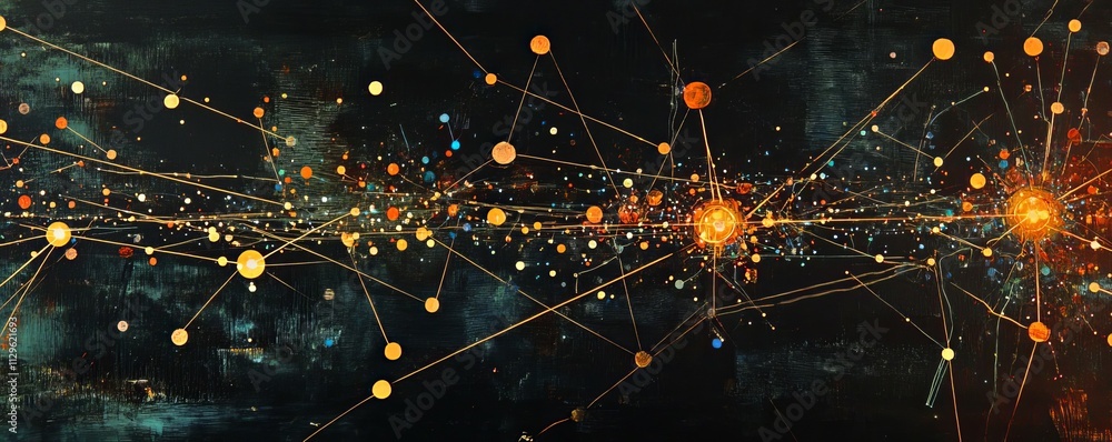 Poster glowing dots and lines representing neural network, machine learning, ai connectivity