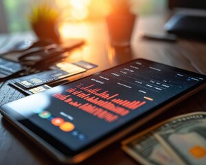 A digital budgeting app glowing on a tablet beside a credit card and cash, sunlight reflecting off the screen, cinematic textures