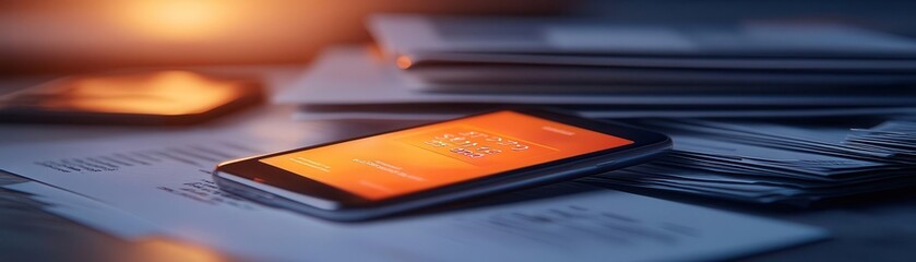 A fraud alert glowing on a credit card app, stacks of documents in the background, cinematic shadows