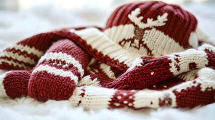 Fototapeta premium Cozy red and white knitted sweater and hat set with reindeer pattern. Perfect for winter holidays. Soft, warm, and comfortable.