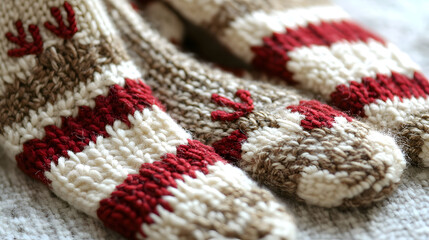 Close-up of cozy, hand-knitted wool socks in cream, brown, and burgundy.  The intricate knit pattern and soft texture are highlighted.