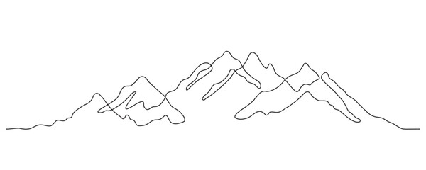 Mountain - continuous line drawing. One line mountain range landscape background. Rocky peaks in simple linear style. Black and white minimalist mountain panoramic view