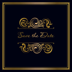 Save the date vintage frame. damask vintage baroque scroll swirl. Victorian monogram heraldic shield swirl.Retro floral leaf pattern border foliage antique  acanthus calligraphy engraved tattoo. 