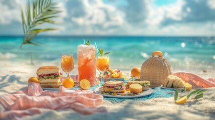 Refreshing Beach Picnic with Colorful Food and Tropical Drinks