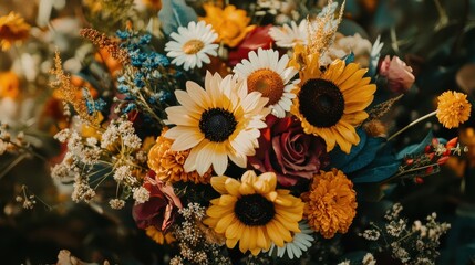 A close-up of a vibrant flower bouquet featuring daisies, sunflowers, and wildflowers