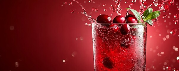Cranberry juice splash with cranberries in air, bold red banner for a tart, refreshing drink