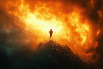 Confronting the Inferno: A lone figure stands defiantly atop a rocky peak, silhouetted against a breathtaking, fiery inferno.  A dramatic and symbolic image of courage, resilience.
