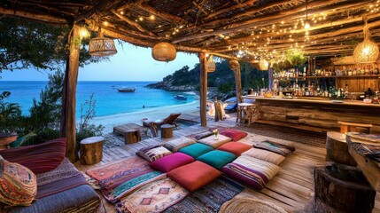 Cozy Beach Bar with Lounge Seating and Ocean View at Dusk