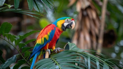 Obraz premium A colorful parrot is perched on a leafy branch. The bird is bright red, blue, and yellow, and it is looking at the camera. The scene is lively and vibrant