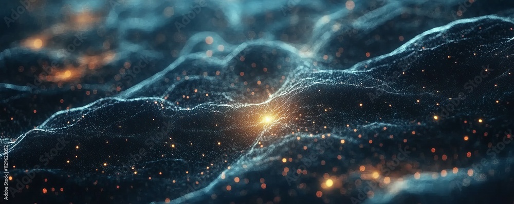 Poster glowing dots and lines representing neural network, machine learning, ai connectivity