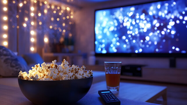 un cuarto iluminado con una pelicula y palomitas para tener una noche de peliculas entretenimiento y diversion en la noche