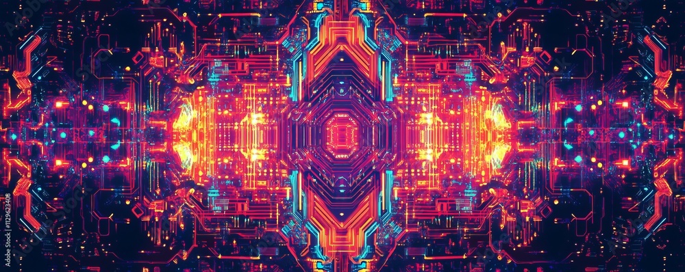 Poster hightech pattern with circuit lines and neon glow, immersive design, techinspired