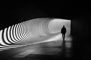 Solitary Figure in a Light Tunnel: A black and white photograph captures the silhouette of a lone individual walking towards a radiant light at the end of a curved, architectural tunnel.