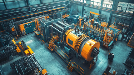 Fototapeta premium large industrial air compressor system operating in a modern manufacturing facility showcasing powerful equipment in a factory production setting bright white gold silver tone background