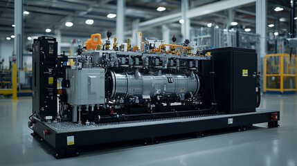 large industrial air compressor system operating in a modern manufacturing facility showcasing powerful equipment in a factory production setting bright white gold silver tone background