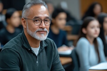 Obraz premium A distinguished older man with glasses sits serenely in a lecture hall, actively listening to a seminar surrounded by engaged students in a scholarly environment.
