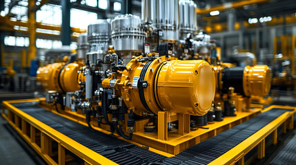 large industrial air compressor system operating in a modern manufacturing facility showcasing powerful equipment in a factory production setting bright white gold silver tone background