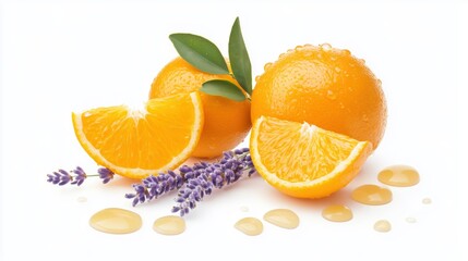 Fototapeta premium Ripe oranges and lavender sprigs adorned with honey drops on a white background