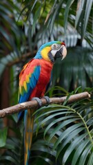 A colorful parrot is perched on a leafy branch. The bird is bright red, blue, and yellow, and it is looking at the camera. The scene is lively and vibrant