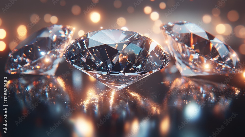 Poster sparkling diamonds on reflective surface with bokeh background